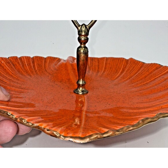 Vintage California Pottery USA Orange/Gold Handled Serving Dish/Tray Tidbits 10” - Picture 13 of 14